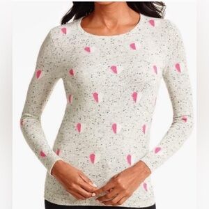 Talbots Medium Gray 100% Cashmere Pink Heart Print Crewneck Sweater Speckled